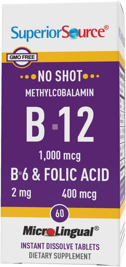 Superior Source No Shot Vitamin B12 Methylcobalamin (1000 mcg), B6, Folic Acid, Quick Dissolve MicroLingual Tablets, 60 Ct, Increase Energy, Healt...