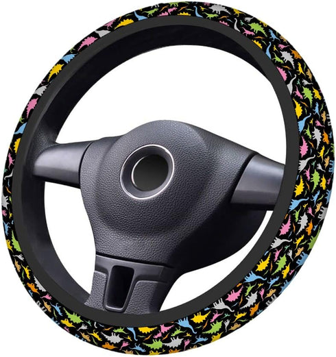 Swono Car Steering Wheel Covers Dinosaurs Cartoon Colorful Cartoon Funny Beast Dinosaur Black Universal for Women Girls Soft Neoprene Anti-Slip Ca...