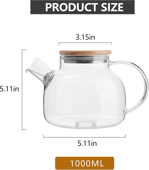 Glass Teapot Stovetop 34 OZ/1000ml, Borosilicate Clear Tea Kettle with Bamboo Lid, Teapot with detachable filter,Teapot with Removable Stainless S...