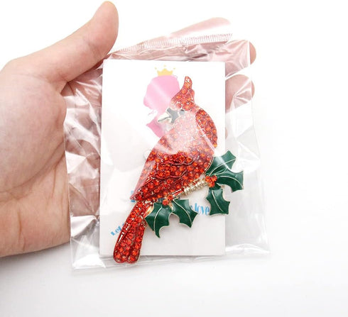 Large Gold Tone Northern Cardinal Brooch With Red Color Crystal Rhinestone Bird Brooches Pins Christmas Bird Brooch...
