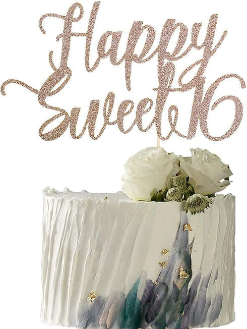 Happy Sweet 16 Cake Topper -Cheers to 16 Year - Happy 16th Birthday Cake Topper- Sweet Sixteen /16th Wedding Anniversary Party Decoration (Rose Go...