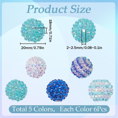 SUNNYCLUE 30Pcs Rhinestone Beads Round Bubblegum Beads 20mm Disco Ball Beads Blue Chunky Shiny Rhinestones Beads Loose Bead Resin Spacer Beads for...