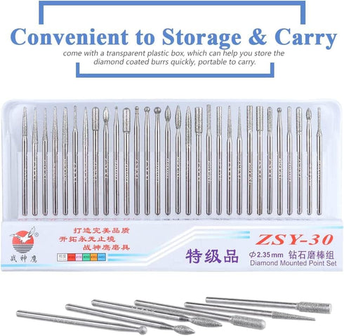 30 Pcs 2.35mm Shank Diamond Titanium-Coated Burrs Set, Rotary File Burs Accessories Kit for Grinding Polishing Carving Stone Jewelry Ceramics...