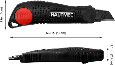 HAUTMEC 18mm Utility Knife Box Cutter with Safety Quick Change Button, Snap off Black SK2 Ultra Sharp Blade, Anti-Slip Ergonomic Rubber Handle for...
