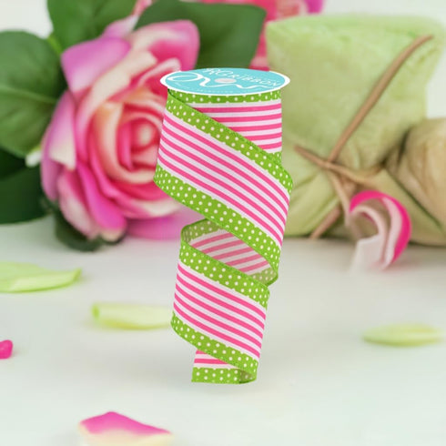 Vertical Stripe & Polka Dot Edge Wired Edge Ribbon - 2.5" x 10 Yards (White, Hot Pink, Lime Green)...