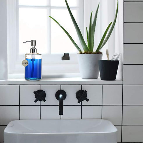 JASAI 16OZ Cylinder Glass Soap Dispenser with Rust Proof Stainless Steel Pump, Refillable Bathroom Soap Dispenser for Hand Soap, Dish Soap, Liquid...