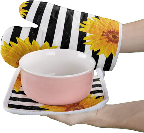 Set of Oven Mitt and Pot Holder, Sunflowers Oven Gloves Heat Resistance Non-Slip Surface for Kitchen BBQ Cooking Baking Grilling, Black White Stri...