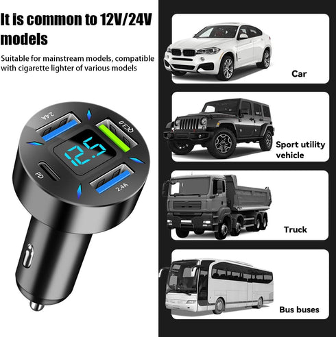 4 Ports USB Car Charger, 66W Super Fast Charging with QC 3.0, PD 20W and USB 2.4A Charger Adapter, Quick Charge with LED Voltmeter, Auto Cigarette...