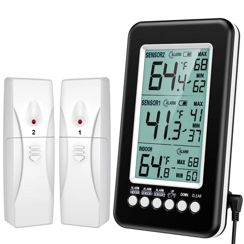 KeeKit Refrigerator Thermometer, Wireless Indoor Outdoor Thermometer with 2 Sensors, Digital Fridge Thermometer with Audible Alarm, Temperature Ga...