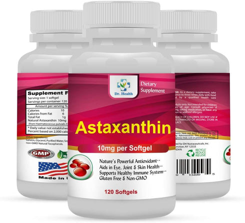 Astaxanthin 10mg 120 Softgels Powerful all Natural Antioxidant & Carotenoid High Purity Extra Strength Aids Eye, Brain, Joint, Skin, Heart Health ...