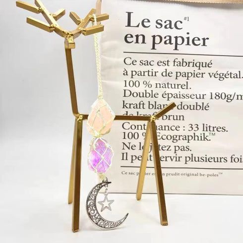 Car Hanging Charm Pendant Dangling Moon, Car Charm Dangling Moon Star Rearview Mirror Decorations, Handmade Ornaments Natural Energy Crystal for C...