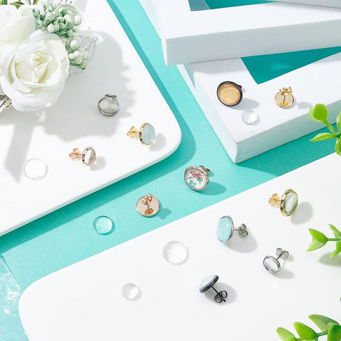 UNICRAFTALE 48 Sets 4 Colors 8/10/12mm Hypoallergenic Earring Bezel with Cabochons Stainless Steel Stud Earring with Earring Backs Earring Bezel T...