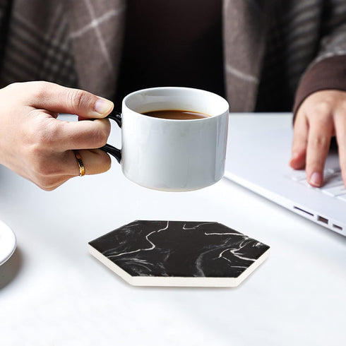 Cool Black Marble Coaster Set with Holder Hexagon Absorbent Coasters Modern Ceramic Coster 6 Pack Best Stone Drink Coaster Beverage Coffee Table D...