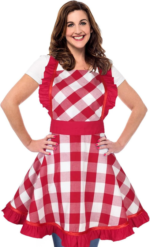 Violet Mist Red Plaid Vintage Apron for Women Girls Ladies Cute Ruffle Frilly Apron Red Christmas Aprons Retro Aprons for Kitchen Cooking Baking 5...