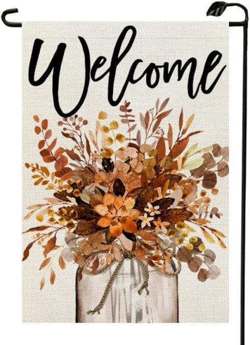 Welcome Fall Floral Mason Jar Garden Flag 12x18 Inch Double Sided for Outside Burlap Small Seasonal Autumn Yard Decoration QJ08...
