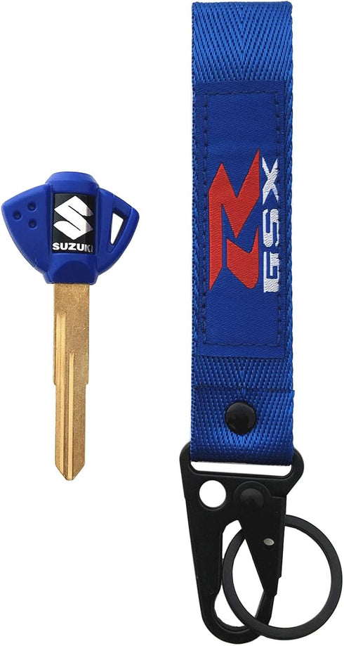 MELD Motorcycle Key Blank Uncut Blade For Suzuki GSXR 600 750 1000 GSX1300R GSF 650 with Key Chain Embroidered Tag Key Ring (Blue)...