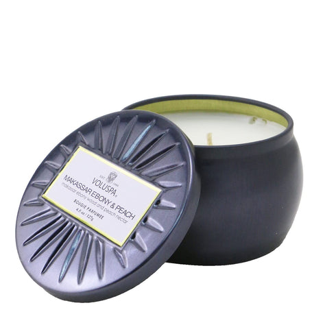 Voluspa Makassar Ebony & Peach, Mini Tin Candle, 4 oz, 25 Hour Burn Time, Coconut Wax for Clean Burning, Handcrafted in The USA...