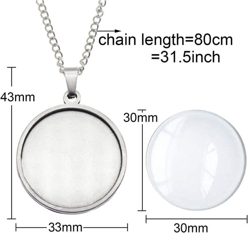Julie Wang 10 Sets Stainless Steel Bezel Tray Pendant with Glass Cabochons and Chain for Resin Photo Jewelry Necklace Making Round 30x30mm...