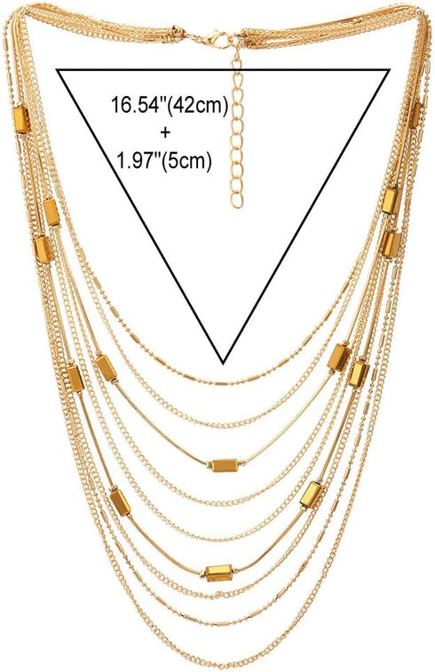 COOLSTEELANDBEYOND Gold Statement Choker Collar Necklace Waterfall Multi-Strand Chain with Rectangle Crystal Bead Charm...