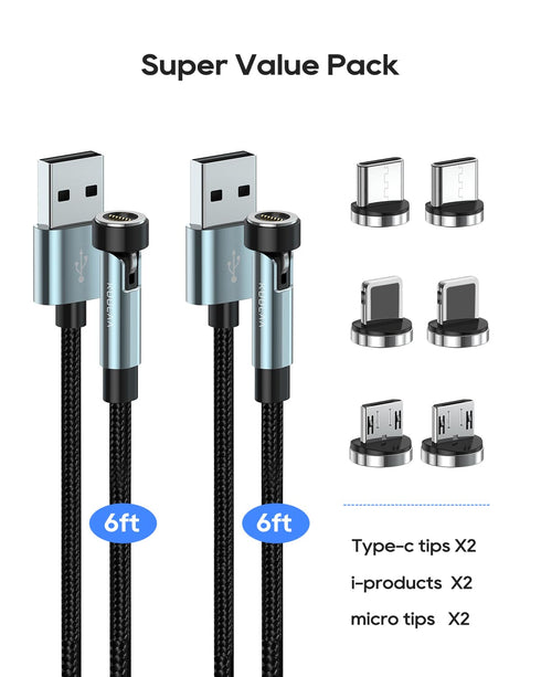 Kuulaa 7PIN Magnetic Charging Cable, 540° Rotating Magnetic Phone Charger 2Pack 6FT Magnetic Charger Cable 3A Fast Charging Cable Support Data Tra...