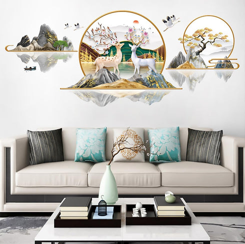 Chinese Style Landscape Wall Stickers,Plum Deer Vinyl Removable Large Wall Decals Art Decorations for Living Room Bedroom Home Decor (Chinese Plum...