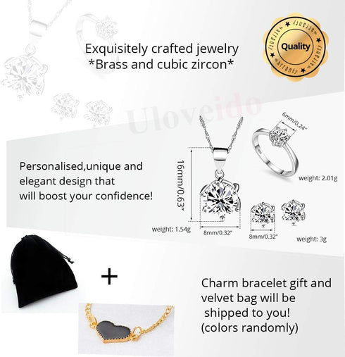Uloveido Silver-Tone Round Cut Cubic Zirconia Simple Earrings Ring and Pendant Necklace Jewelry Set T043...