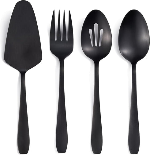 Matte Black Serving Set, 4-Piece Stainless Steel Large Hostess Set Include Slotted Spoon Serving Spoon Serving Fork and Cake Server, Ideal for Buf...