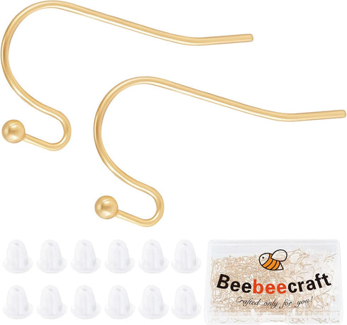 Beebeecraft 1 Box 200Pcs French Earring Hooks 18K Gold Plated Fish Hook Ear Wires Kit with Plastic Ear Nuts for DIY Women Earring Jewelry Making...