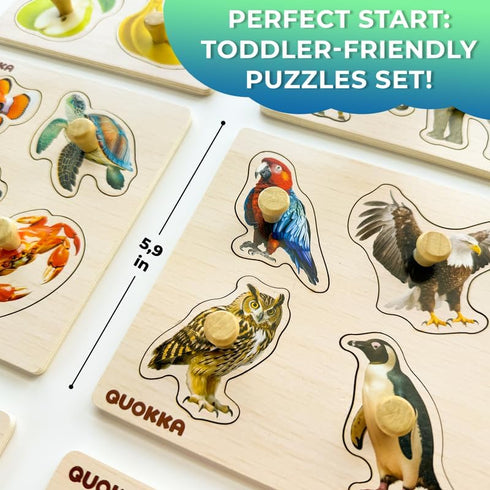 QUOKKA Wooden Puzzles for Toddlers 1-3 – 4 Set Pegged Puzzles for Kids Ages 2-4 – Animal and Birds Learning Toy for Kids – Gift Realistic Educatio...