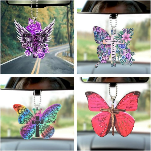Butterfly Sunflower Letters Cross Car Pendant Car Hanging ornaments Car Mirror Hanging Accessories Christian Cross Rearview Mirror Accessories Car...