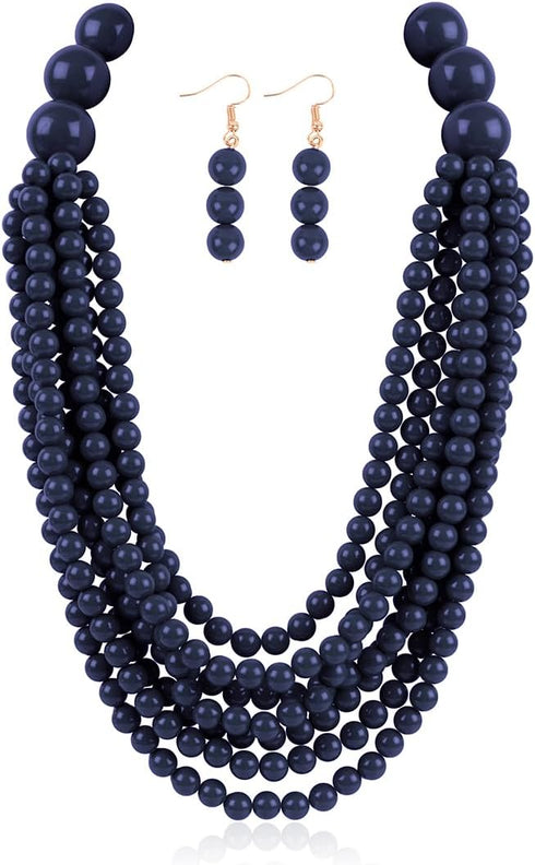 RIAH FASHION Multi Beaded Bubble Statement Necklace - Round Ball Chunky Drape Bib Collar Marbled, 7 Layer Long...