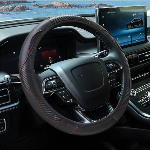 Car Steering Wheel Cover, 15 Inch Carbon Fiber Leather Elastic Steering Wheel Protector, Anti-Slip, Breathable & Soft Car Interior Accessories Uni...