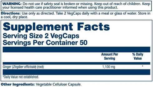SOLARAY Ginger Root 1100mg | Healthy Digestion, Joints and Motion & Stomach Discomfort Support | Whole Root | Non-GMO & Vegan | 100 VegCaps | Pack...