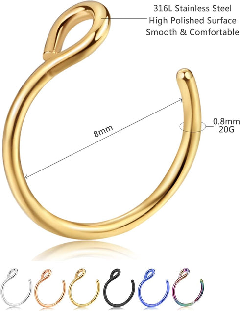 Fake Nose Ring 20G Faux Piercing Jewelry 8mm Fake Nose Ring Hoop Non Piercing Stainless Steel Nose Ring Set...