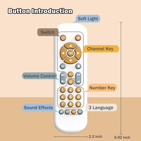 Baby TV Remote Control Toy with Music Sound and Light, Toddler Realistic Play TV Remote Toys Early Educational Learning Toy with 3 Language Musica...