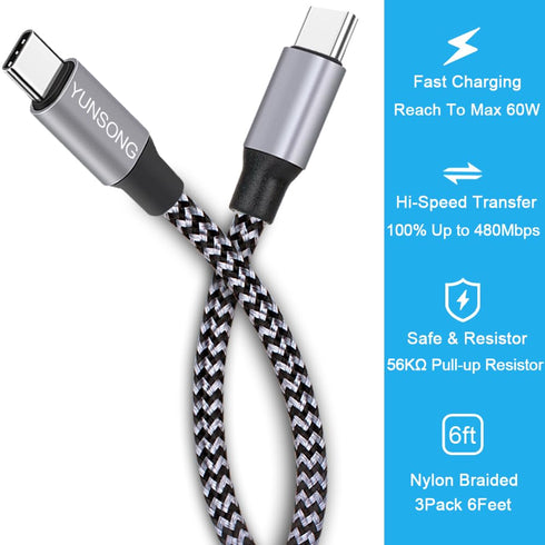 USB C Charger Cable, New Nylon Braided USB C to USB C Cable 3PACK 6FT Type C PD 60W Fast Charging for iPhone 15/15 Pro/15 Plus/15 Pro Max/iPad Pro...