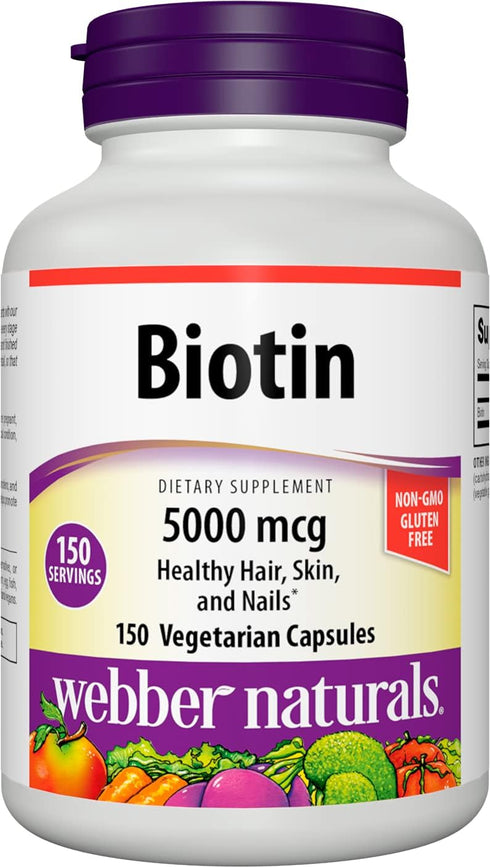 Webber Naturals Biotin 5,000 mcg, 150 Capsules, Supports Healthy Hair, Skin & Nails, Energy Metabolism, Vitamin Supplement, Gluten Free, Non-GMO, ...