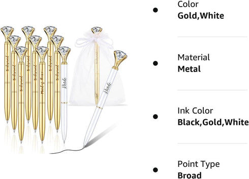 10 Pcs Bridal Shower Pens Bridesmaid Pens Diamond Pens with 10 Sheer Organza Bags Crystal Metal Ballpoint Pens Bling Pens for Wedding Party Favors...