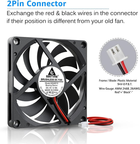 Gdstime 80mm x 80mm x 10mm DC 5V Brushless Cooling Fan 2PIN...