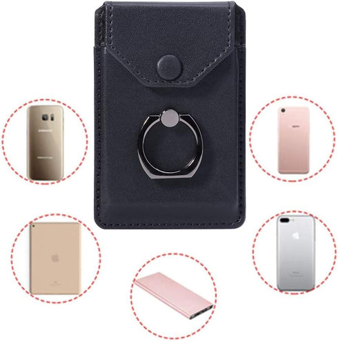 Ring Stand Stick on Wallet Cell Phone Slim Leather Wallet Stick on Wallet Credit Card RFID Blocking Sleeve Black...