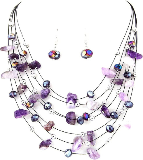 Pingyongchang Bohemian 3- Layer Illusion Thread Long Necklace Earrings set with Ladies Crystal beads...