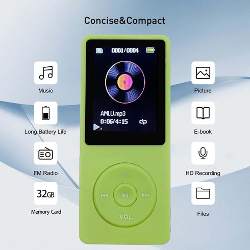 MP3 Player 32GB with Speaker Earphone Portable Mini Green Music Player Support Voice Recorder E-Book 1.8 inch HD Screen Support up to 128GB......