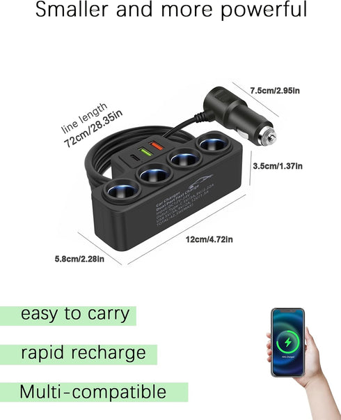 Multi-Function Cigarette Lighter Splitter, Cell Phone Charger, Car Charger, 4 Cigarette Lighter Sockets, 1 PD Fast Charger Port 2-Port USB Power A...