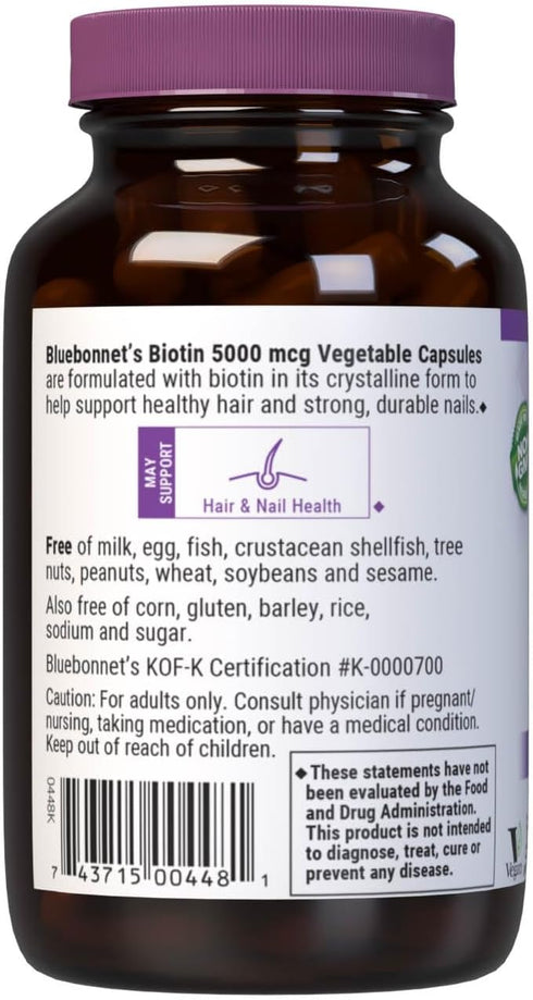 Bluebonnet Nutrition Biotin 5000 mcg, Hair & Nail Support*, Non-GMO, Vegan, Kosher Certified, Gluten-Free, Soy-Free, Dairy-Free, 120 Vegetable Cap...