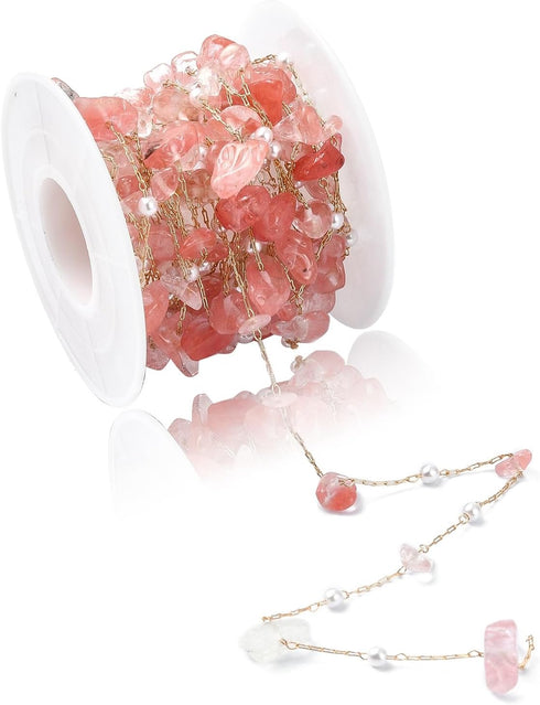 DanLingJewelry 5m Brass Handmade Natural Rose Quartz Stone Beading Chain Pink Irregular Crystal Chains with Spool for Jewelry Making Supplies...