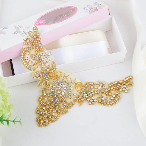 ShiDianYi Rhinestone Applique Gold Bridal Wedding Applique Crystal Pearl Diamante White Wedding Sash RA (AB Gold)...