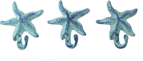 Starfish Cast Iron Wall Hooks Antique Blue - Set of 3 for Coats, Aprons, Hats, Towels, Pot Holders, More...
