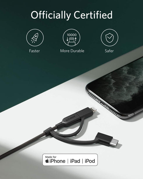 Anker Powerline II 3-in-1 Cable, Lightning/Type C/Micro USB Cable for iPhone, iPad, Huawei, HTC, LG, Samsung Galaxy, Sony Xperia, Android Smartpho...