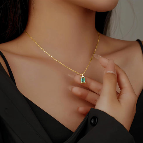 14k Gold Plated Birthstone Necklace for Women 925 Sterling Silver Emerald Baguette Pendant Choker Necklaces Dainty Green CZ Chain Necklace Birthda...