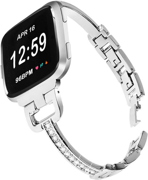 Metal Bands Compatible with Fitbit Versa 2/Versa Lite/Versa for Women, Bling Bracelet with Rhinestone Luxurious Wristbands, Silver Rose Gold Black...
